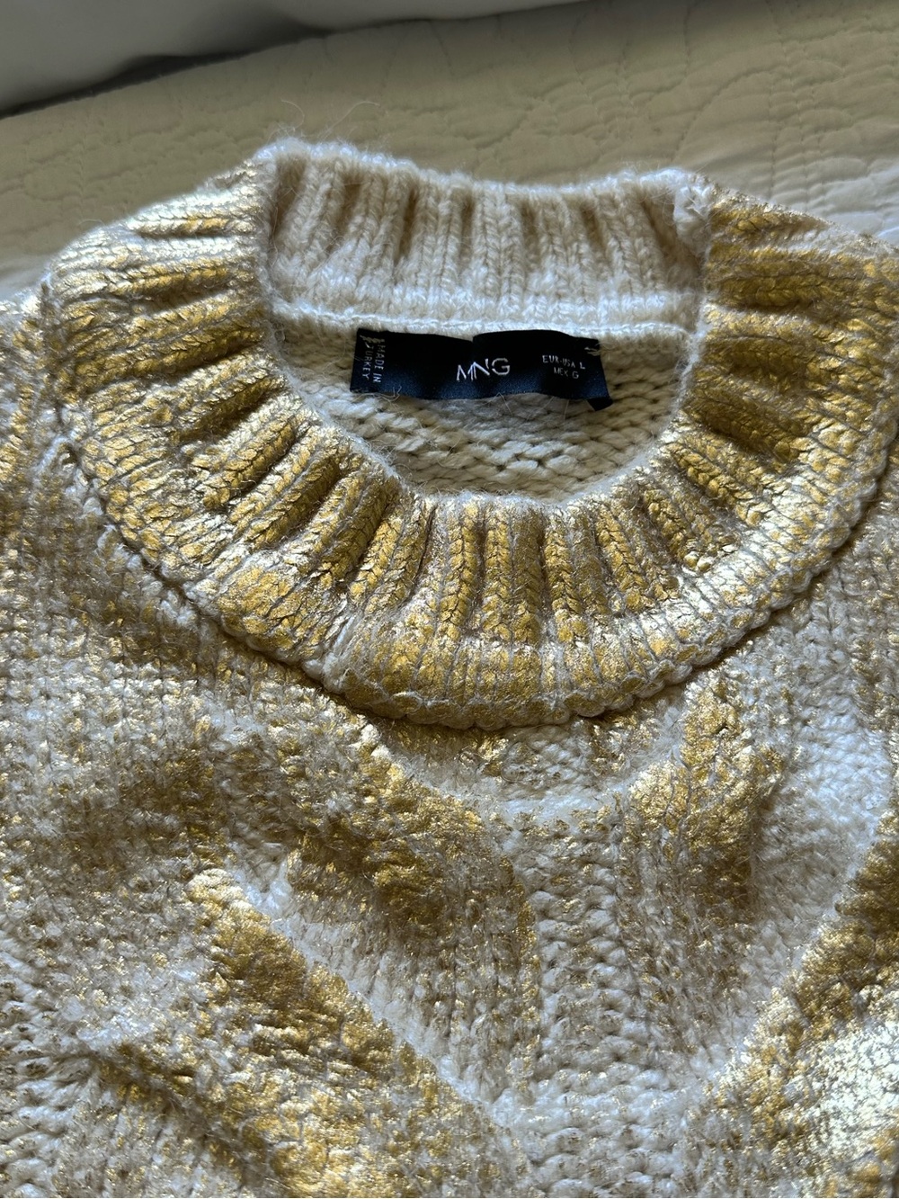 Mango Cream & Gold Metallic Knit Sweater - Size L